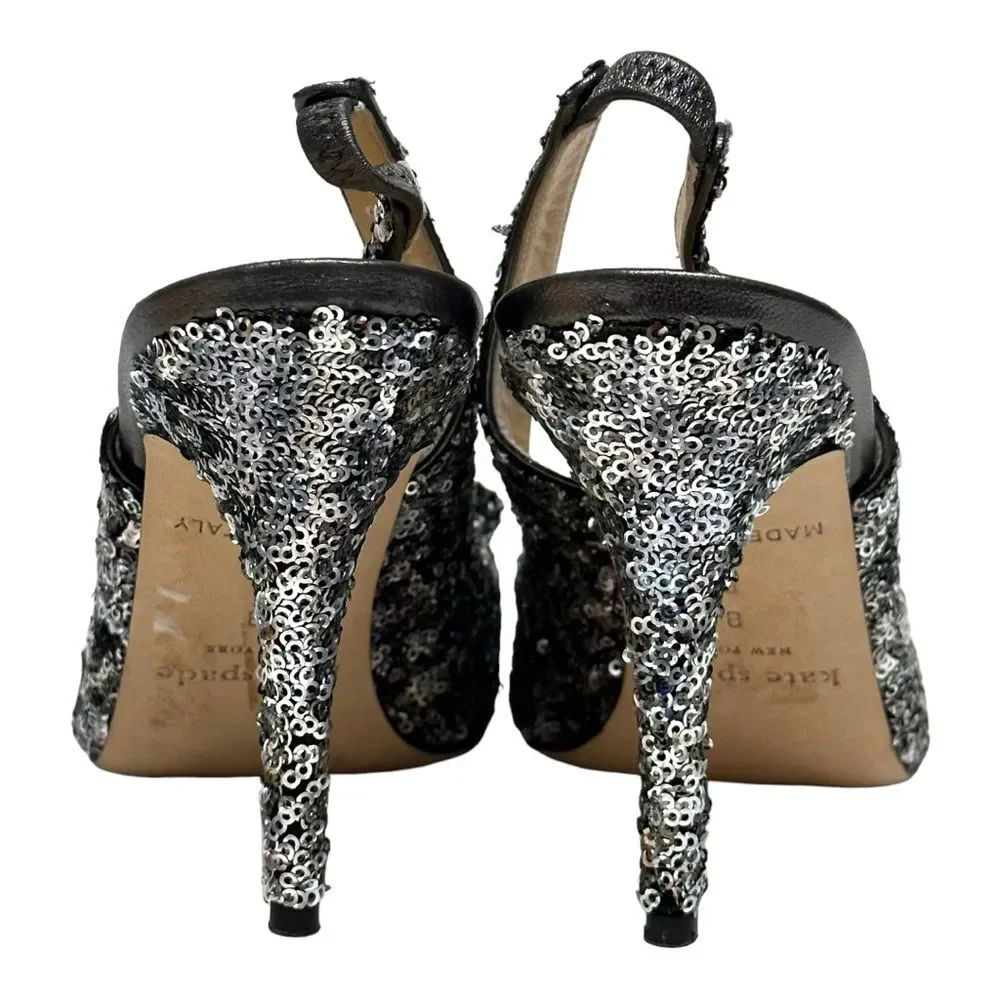KATE SPADE Charm Micro Sequin Silver Slingback Pumps Heels Peep Toe Bow 8